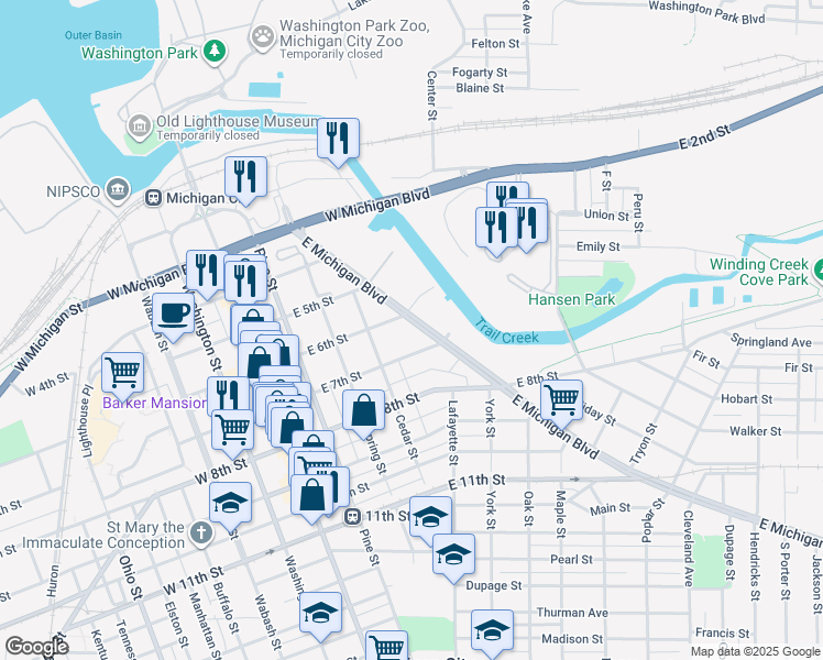map of restaurants, bars, coffee shops, grocery stores, and more near 501-699 East 6th Street in Michigan City