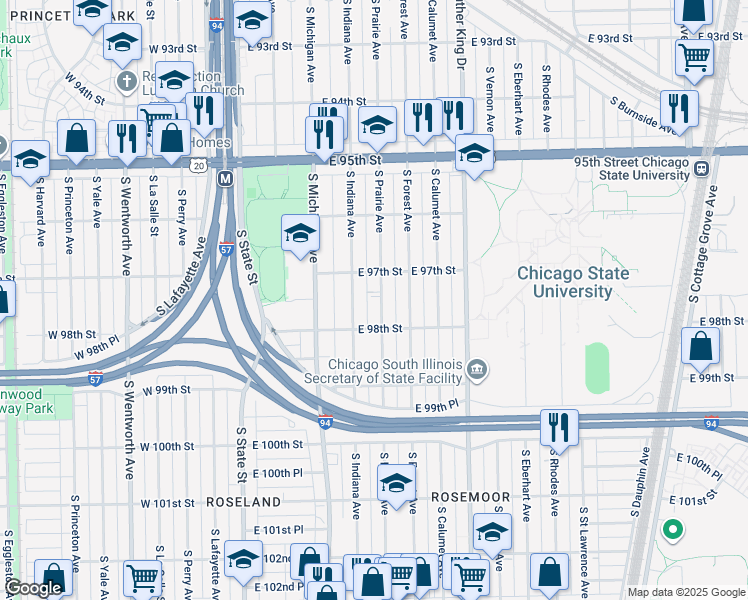 map of restaurants, bars, coffee shops, grocery stores, and more near 9704 South Prairie Avenue in Chicago