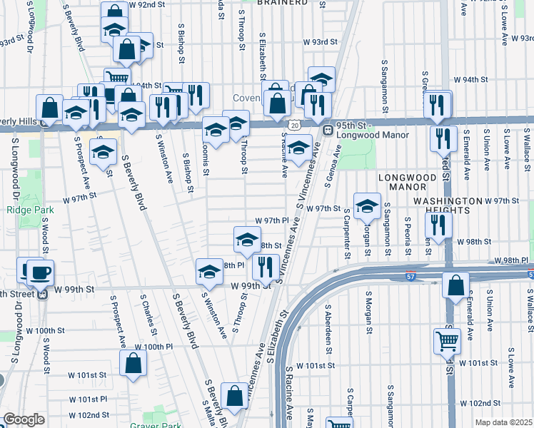 map of restaurants, bars, coffee shops, grocery stores, and more near 1229 West 97th Street in Chicago