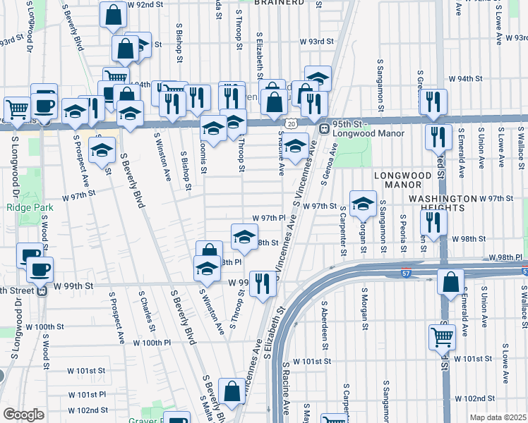 map of restaurants, bars, coffee shops, grocery stores, and more near 1229 West 97th Street in Chicago
