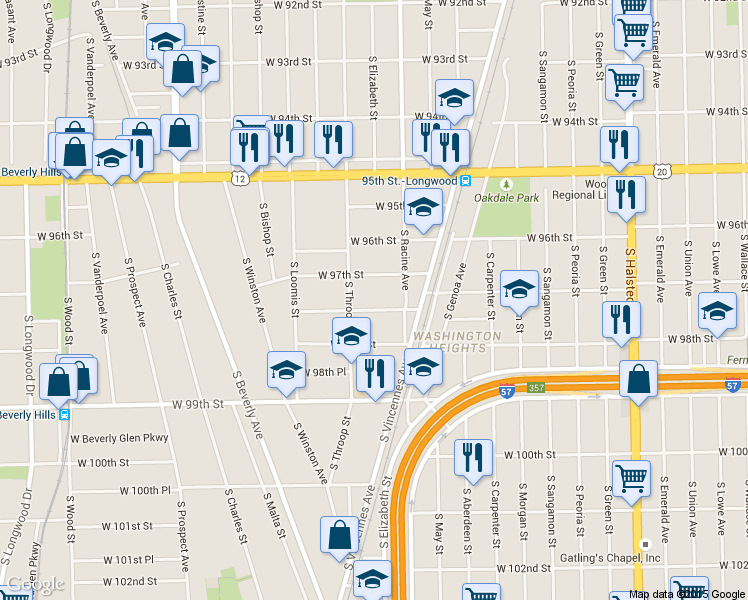 map of restaurants, bars, coffee shops, grocery stores, and more near 1229 West 97th Street in Chicago