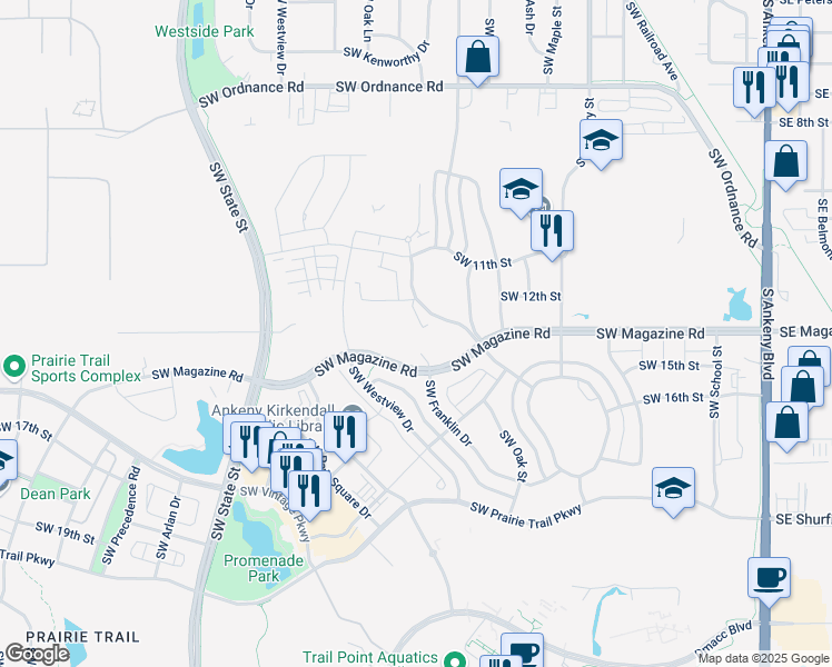map of restaurants, bars, coffee shops, grocery stores, and more near 1206 Southwest Elm Street in Ankeny