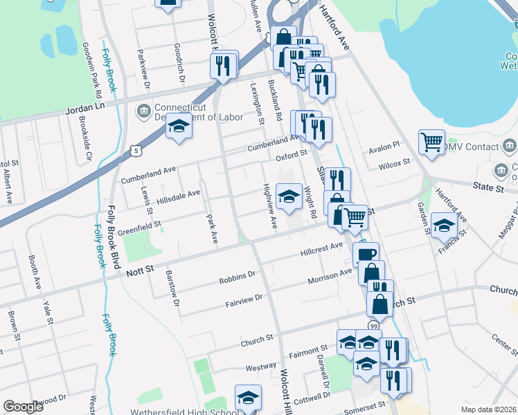 map of restaurants, bars, coffee shops, grocery stores, and more near 16 Flower Street in Wethersfield