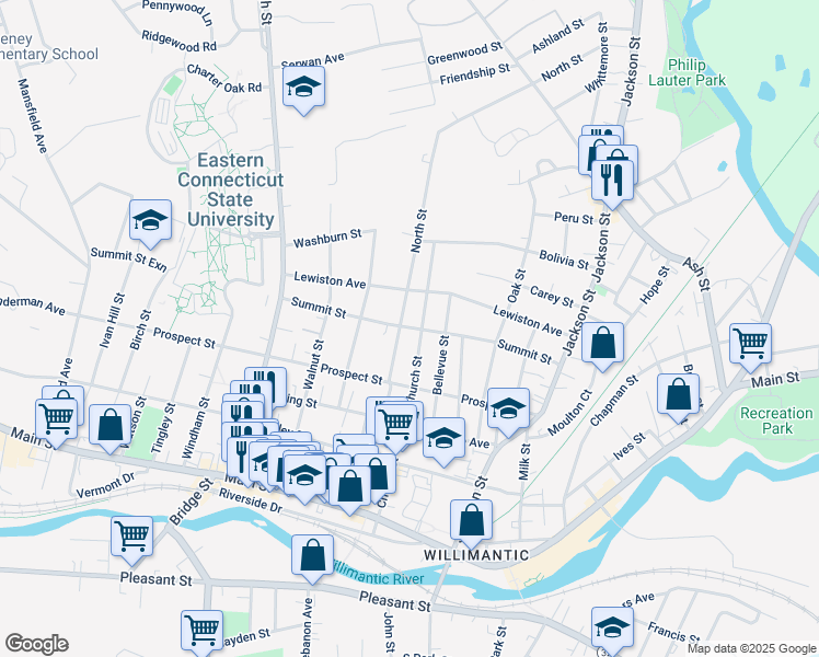 map of restaurants, bars, coffee shops, grocery stores, and more near 165 Summit Street in Windham