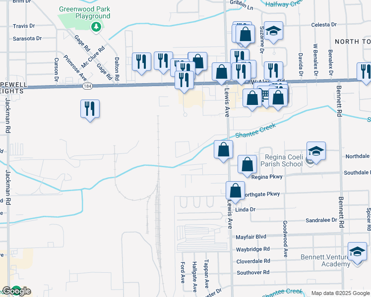 map of restaurants, bars, coffee shops, grocery stores, and more near 5553 Lewis Avenue in Toledo