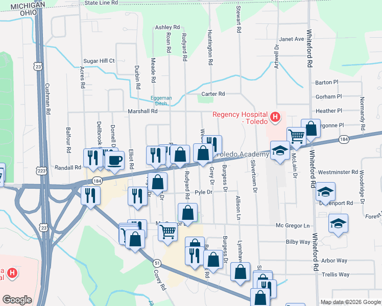 map of restaurants, bars, coffee shops, grocery stores, and more near 5652 Rudyard Road in Sylvania