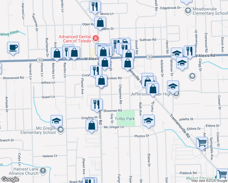 map of restaurants, bars, coffee shops, grocery stores, and more near 5636 Gay Street in Toledo