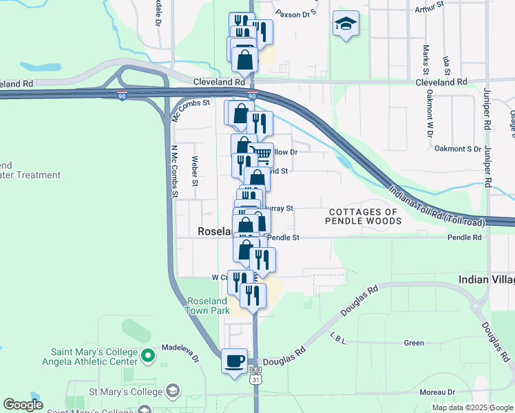 map of restaurants, bars, coffee shops, grocery stores, and more near 214 North Dixie Way in South Bend