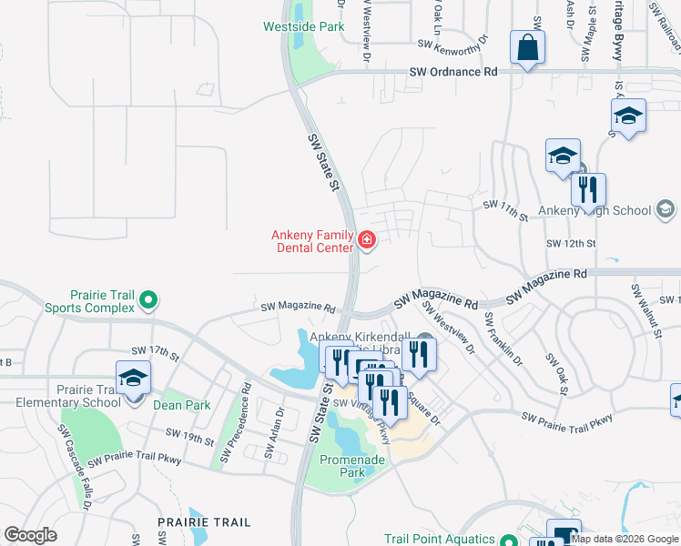 map of restaurants, bars, coffee shops, grocery stores, and more near 1250 Southwest State Street in Ankeny