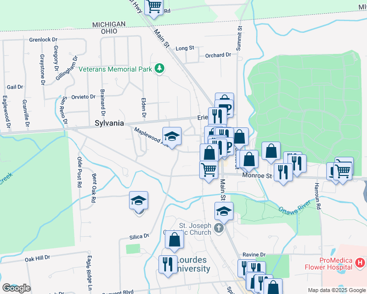 map of restaurants, bars, coffee shops, grocery stores, and more near 6727 Roosevelt Drive in Sylvania