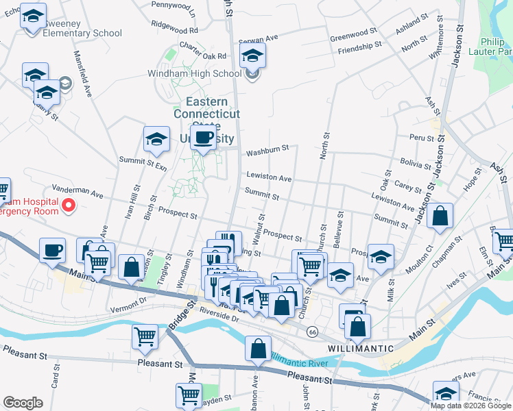 map of restaurants, bars, coffee shops, grocery stores, and more near 269 Summit Street in Windham