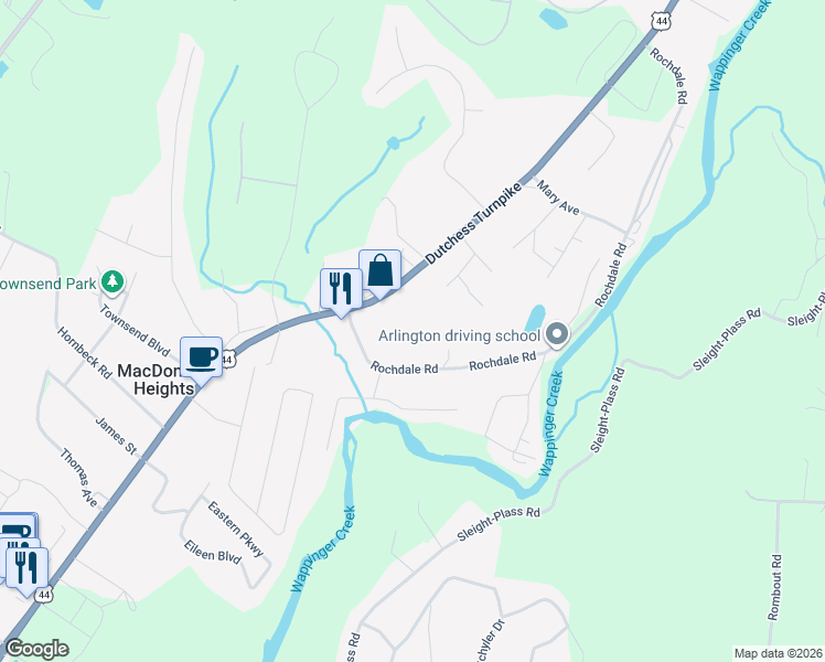 map of restaurants, bars, coffee shops, grocery stores, and more near 209 Rochdale Road in Poughkeepsie