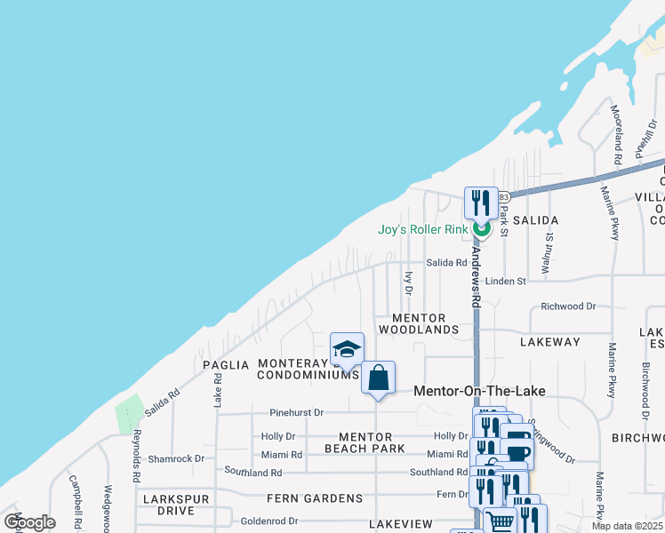 map of restaurants, bars, coffee shops, grocery stores, and more near 7597 Salida Road in Mentor-on-the-Lake