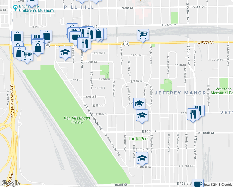 map of restaurants, bars, coffee shops, grocery stores, and more near 9751 S Merrill Ave in Chicago