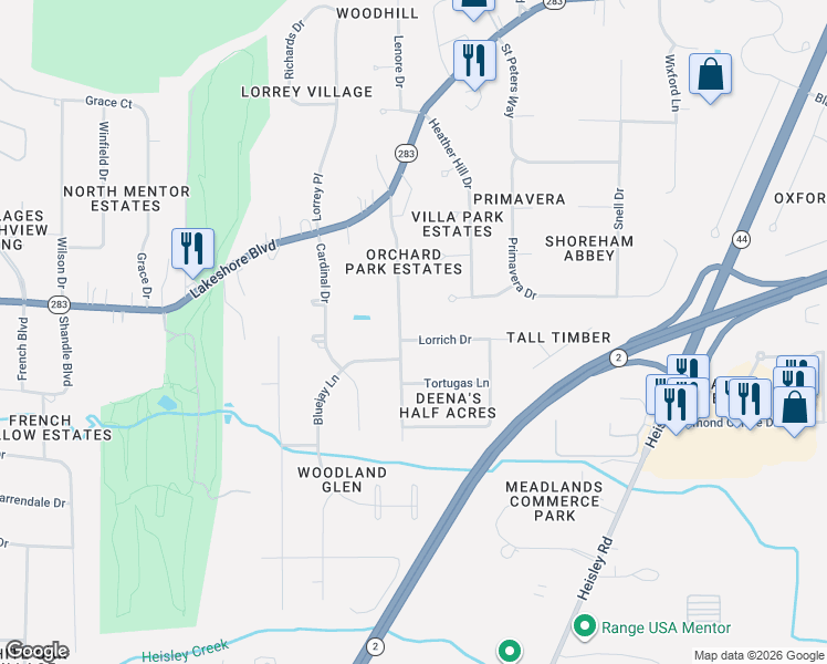 map of restaurants, bars, coffee shops, grocery stores, and more near 5621 Meister Road in Mentor