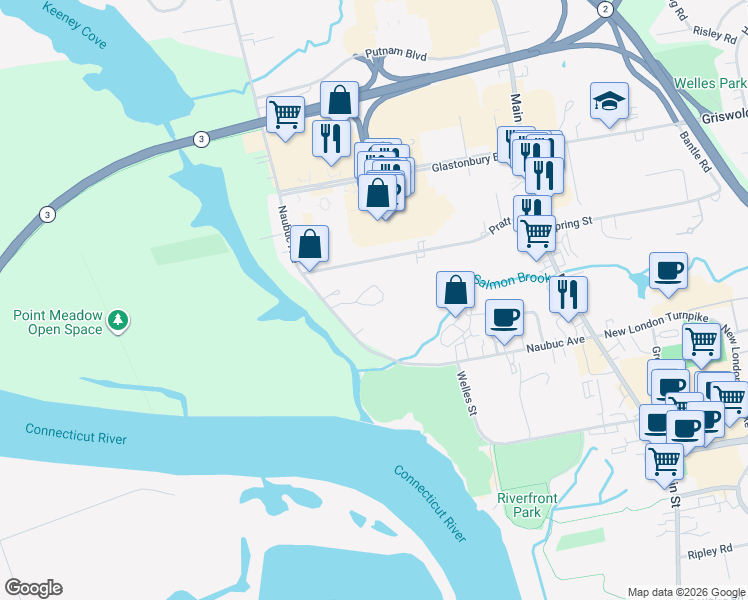 map of restaurants, bars, coffee shops, grocery stores, and more near 68 Kingsbury Lane in Glastonbury