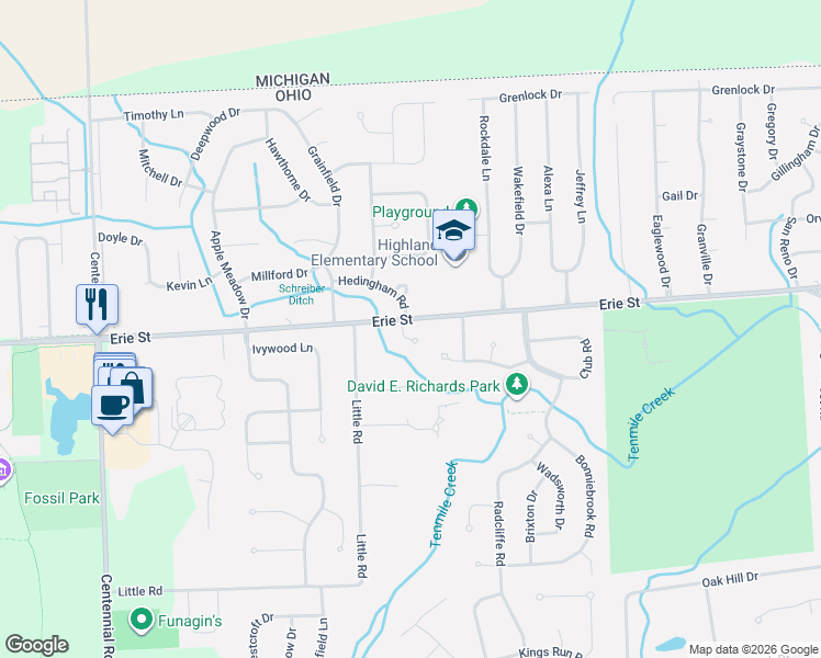 map of restaurants, bars, coffee shops, grocery stores, and more near 7810 Hedingham Road in Sylvania