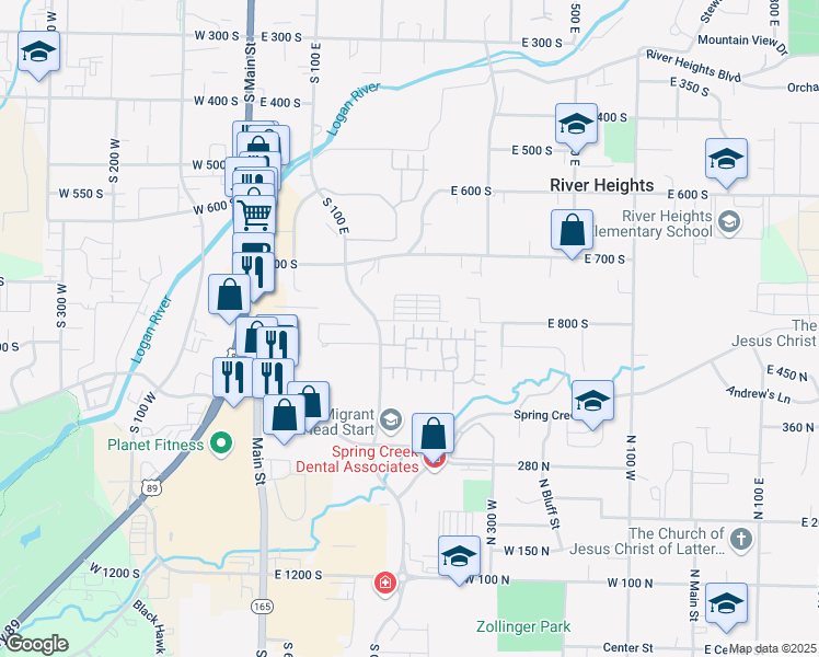 map of restaurants, bars, coffee shops, grocery stores, and more near 800 Gateway Drive in River Heights