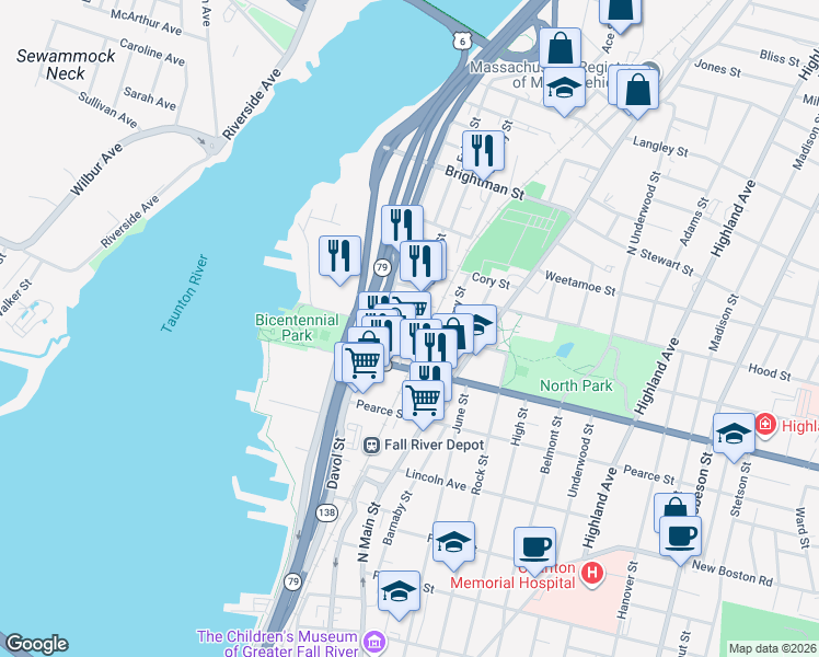map of restaurants, bars, coffee shops, grocery stores, and more near 42 North Court Street in Fall River