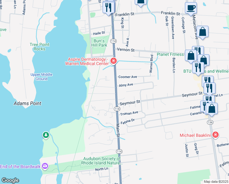 map of restaurants, bars, coffee shops, grocery stores, and more near 9 Bradbury Street in Warren