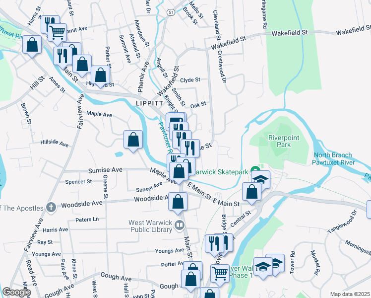 map of restaurants, bars, coffee shops, grocery stores, and more near 12 Coogan Court in West Warwick