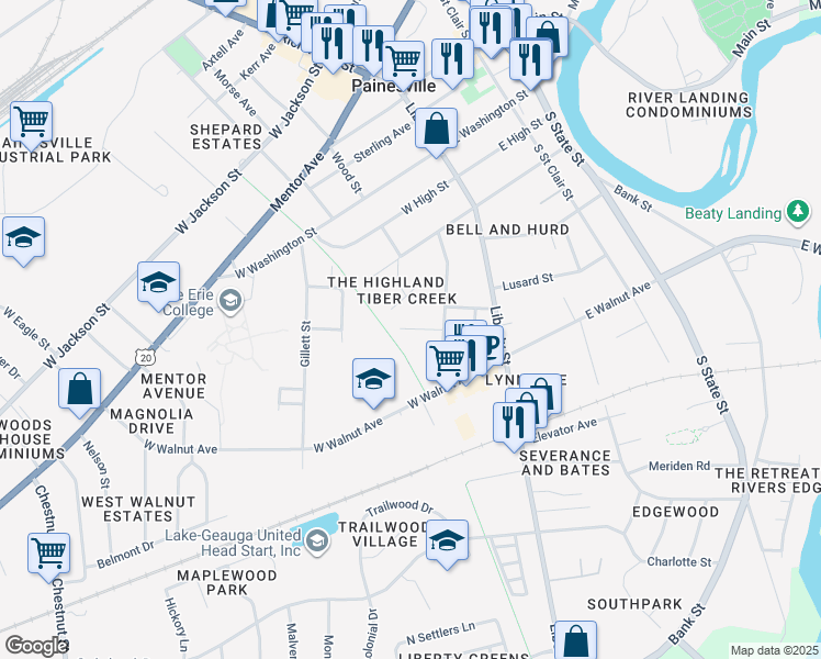 map of restaurants, bars, coffee shops, grocery stores, and more near 306 Marion Avenue in Painesville