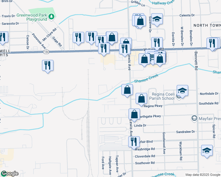 map of restaurants, bars, coffee shops, grocery stores, and more near 5656 Opportunity Drive in Toledo