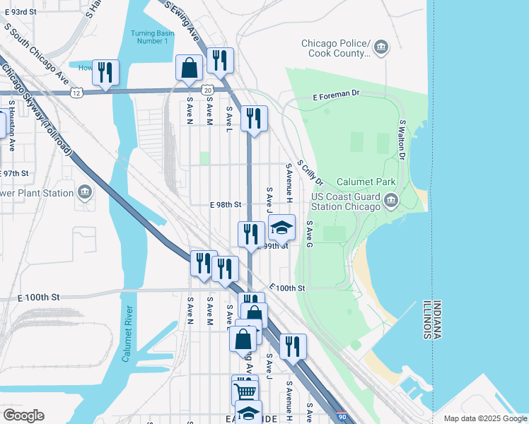 map of restaurants, bars, coffee shops, grocery stores, and more near 9753 South Avenue J in Chicago