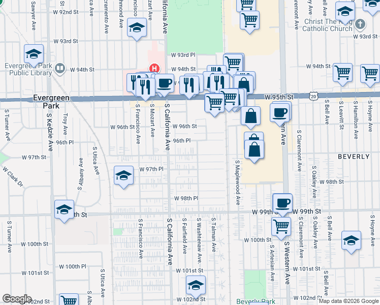 map of restaurants, bars, coffee shops, grocery stores, and more near 2707 96th Place in Evergreen Park