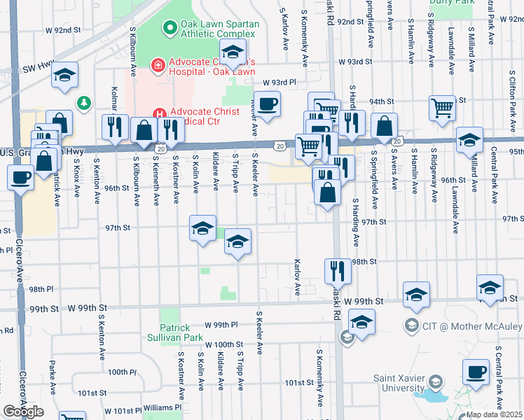 map of restaurants, bars, coffee shops, grocery stores, and more near 9609 South Keeler Avenue in Oak Lawn