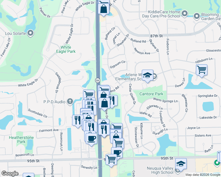 map of restaurants, bars, coffee shops, grocery stores, and more near 2911 Bartlett Court in Naperville
