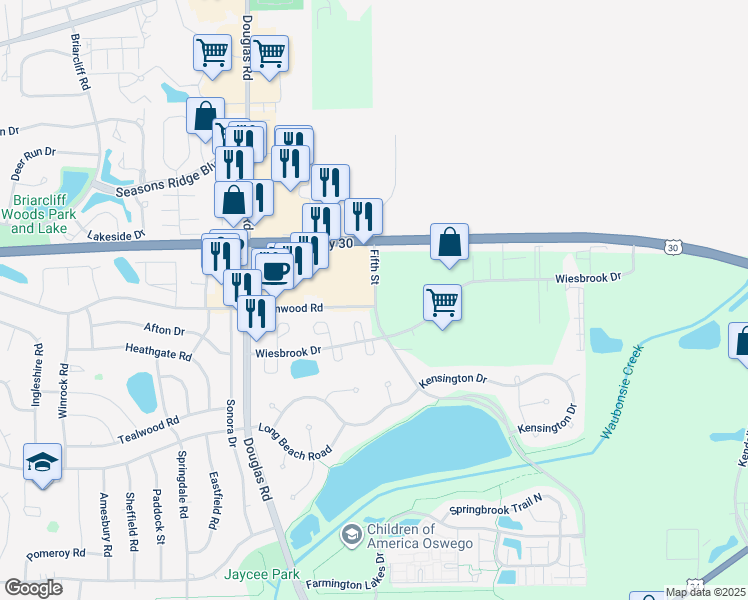 map of restaurants, bars, coffee shops, grocery stores, and more near 5th St in Oswego