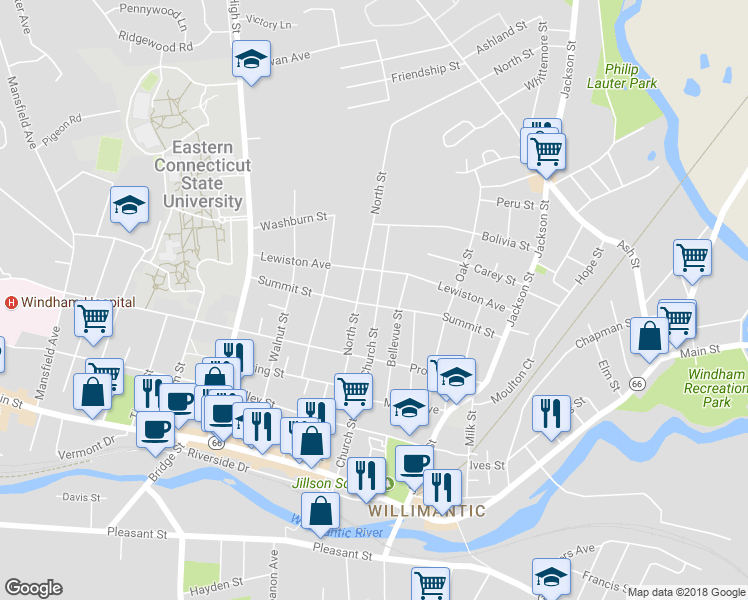 map of restaurants, bars, coffee shops, grocery stores, and more near 165 Summit Street in Windham