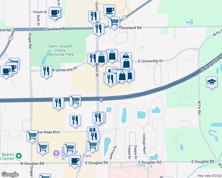 map of restaurants, bars, coffee shops, grocery stores, and more near 155 East University Drive in Granger