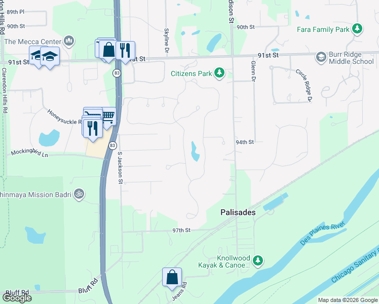map of restaurants, bars, coffee shops, grocery stores, and more near 9381 Falling Waters Drive East in Burr Ridge