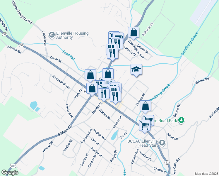map of restaurants, bars, coffee shops, grocery stores, and more near Liberty Street in Ellenville