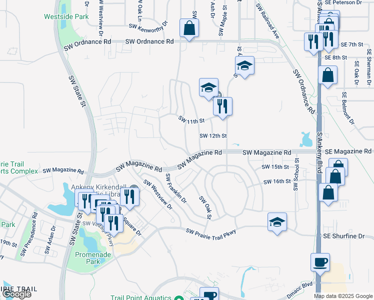 map of restaurants, bars, coffee shops, grocery stores, and more near 1207 Southwest Des Moines Street in Ankeny