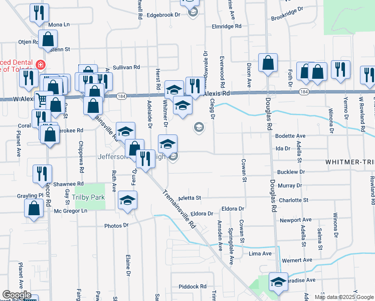 map of restaurants, bars, coffee shops, grocery stores, and more near 5700 Whitmer Drive in Toledo