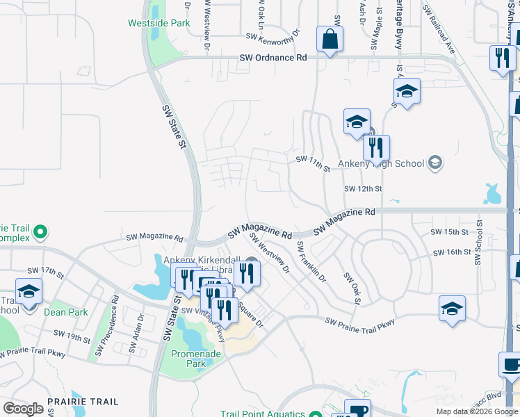 map of restaurants, bars, coffee shops, grocery stores, and more near 1250 Southwest Magazine Road in Ankeny