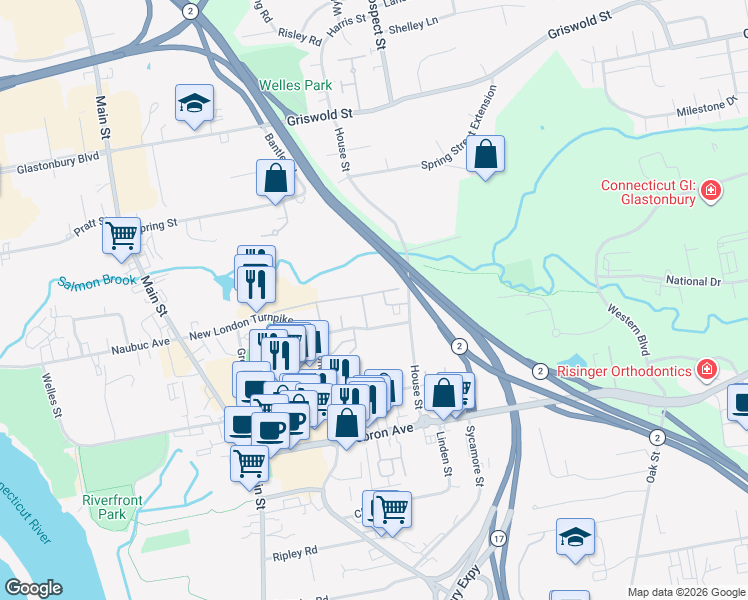 map of restaurants, bars, coffee shops, grocery stores, and more near Highway 2 in Glastonbury