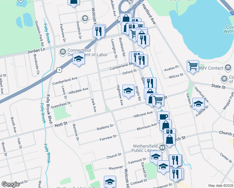 map of restaurants, bars, coffee shops, grocery stores, and more near 40 Lorraine Road in Wethersfield
