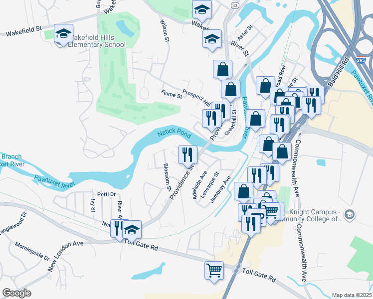 map of restaurants, bars, coffee shops, grocery stores, and more near 14 Gage Street in West Warwick
