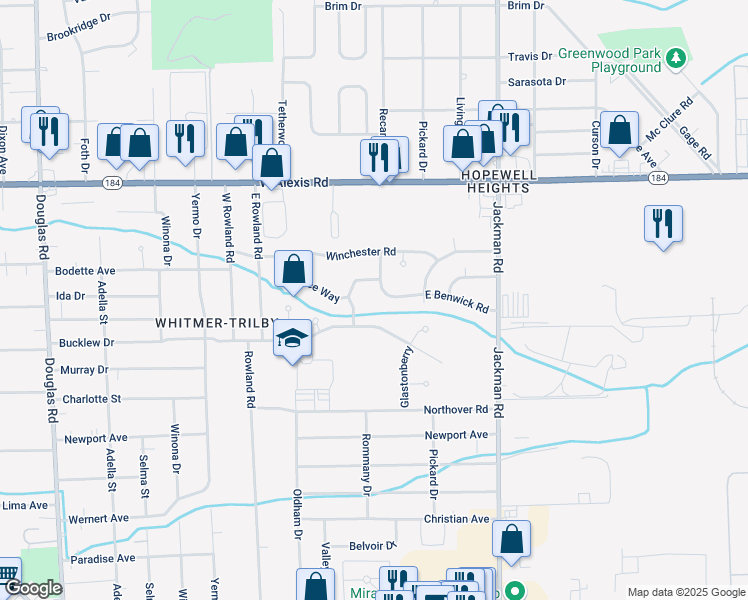 map of restaurants, bars, coffee shops, grocery stores, and more near 1848 East Benwick Road in Toledo