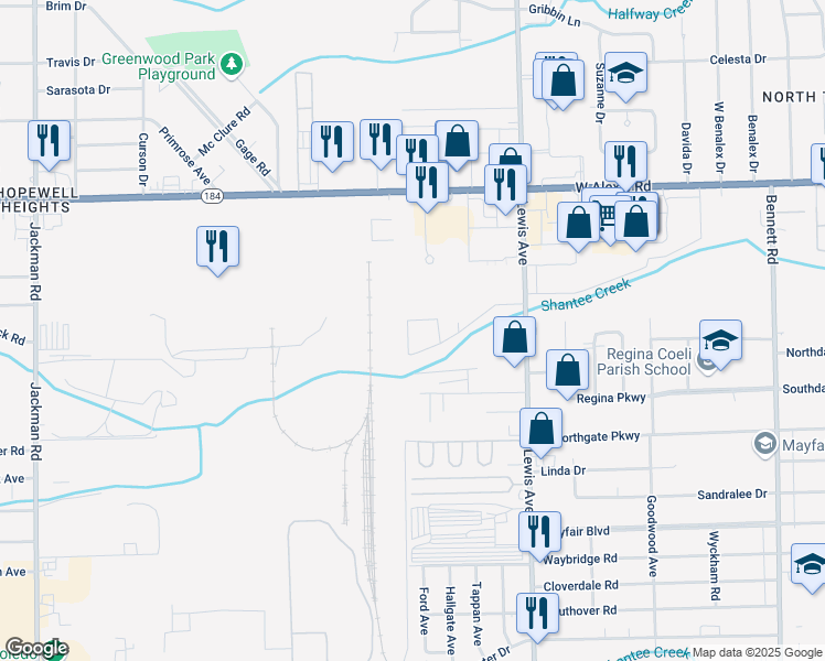 map of restaurants, bars, coffee shops, grocery stores, and more near 5555 Lewis Avenue in Toledo