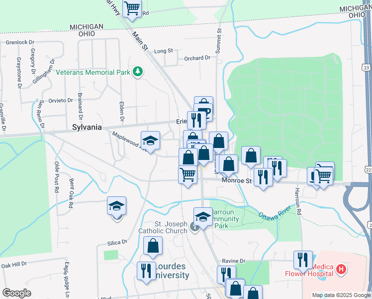 map of restaurants, bars, coffee shops, grocery stores, and more near 6632 Maplewood Avenue in Sylvania