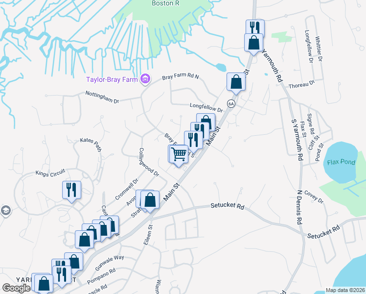 map of restaurants, bars, coffee shops, grocery stores, and more near 10 Campion Road in Yarmouth