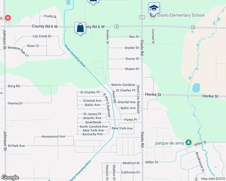 map of restaurants, bars, coffee shops, grocery stores, and more near 2268 Penn Railroad in Elkhart