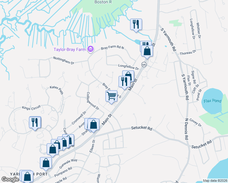 map of restaurants, bars, coffee shops, grocery stores, and more near 20 Bray Farm Road South in Yarmouth
