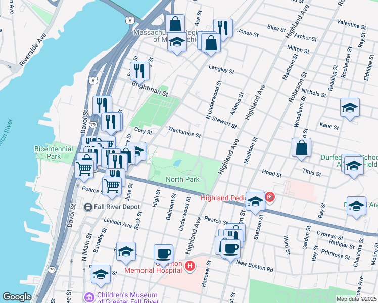 map of restaurants, bars, coffee shops, grocery stores, and more near 376 North Underwood Street in Fall River