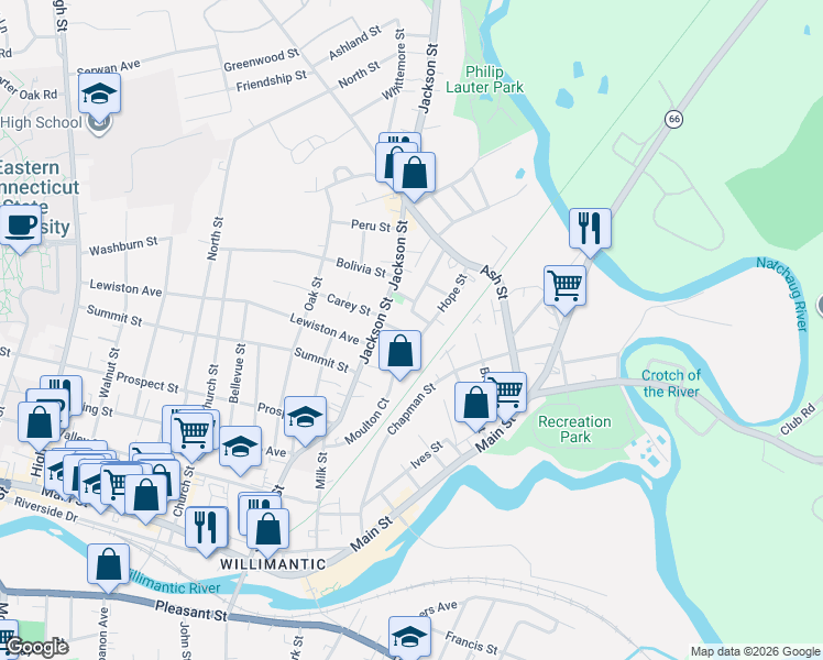 map of restaurants, bars, coffee shops, grocery stores, and more near 7 Coral Street in Windham